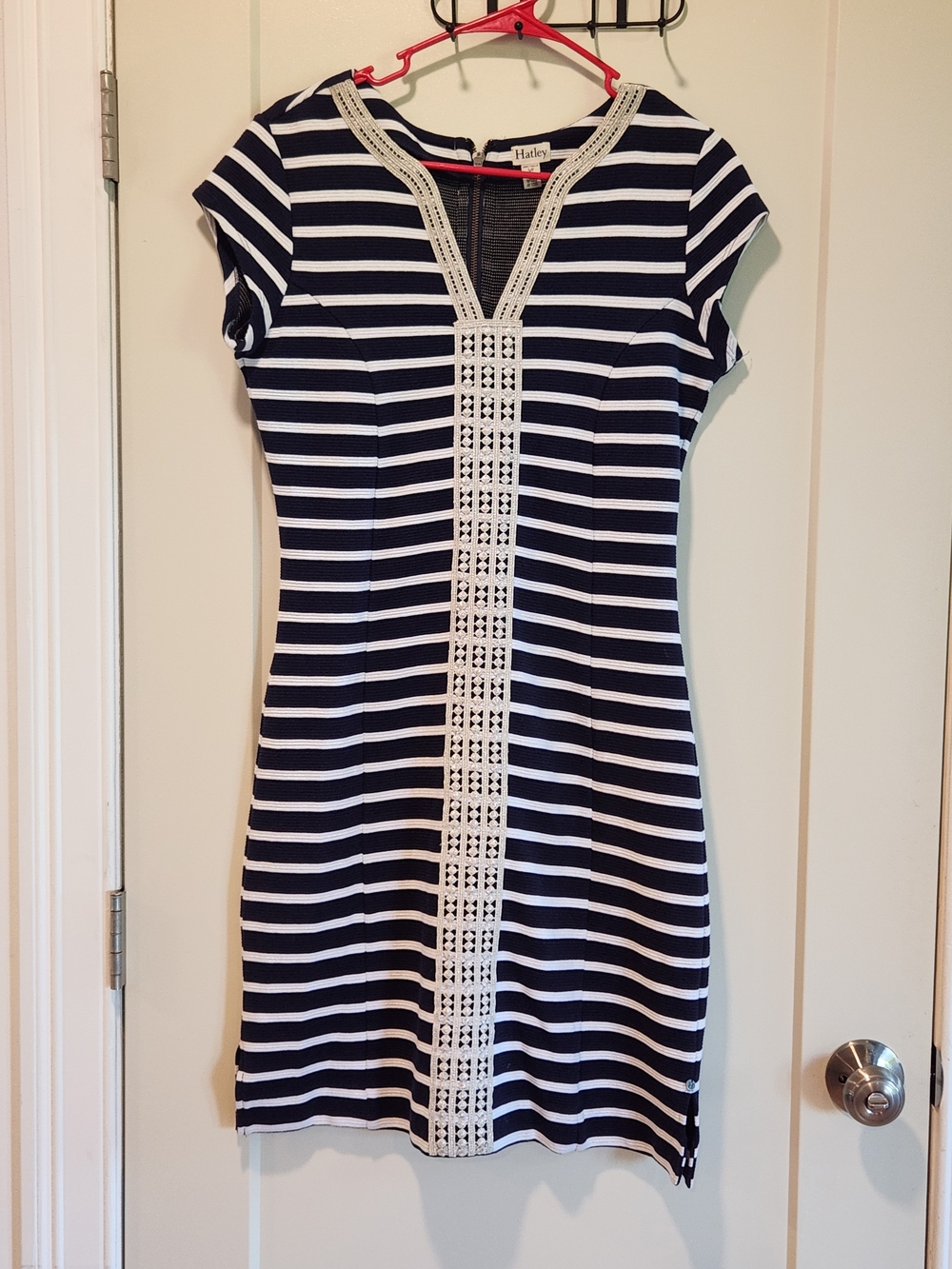 Hatley Navy White Striped Shift Dress Silver Embroidered Trim V-Neck Small S